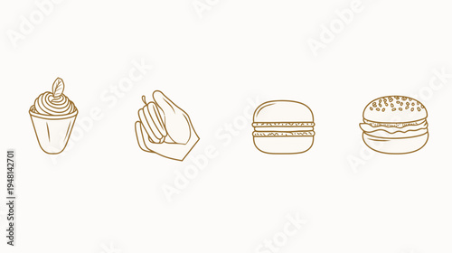 A line drawing illustration of a cupcake, a pepper, a macaroon, and a burger in a row