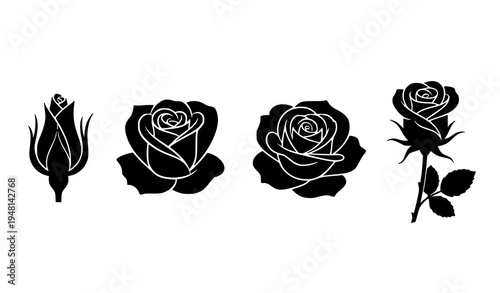 Rose Silhouette Icon Set Blooming Flower and Rosebud Vector Illustration