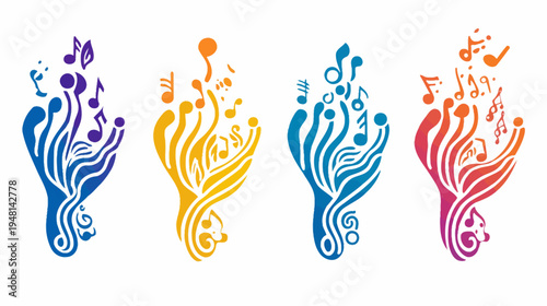 A collection of four colorful, abstract stylized compositions featuring musical note elements