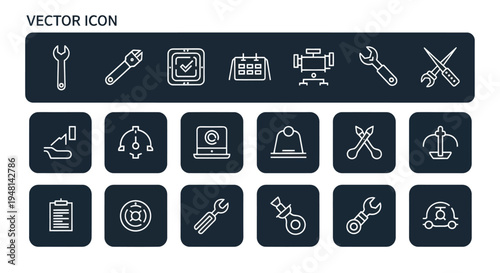 Set of technical icons on dark background