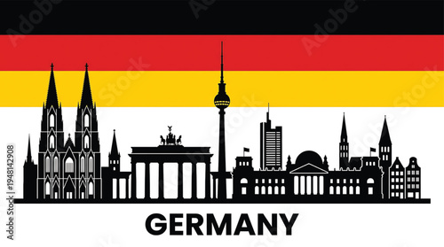 Black silhouette of Berlin city skyline with German flag, iconic landmarks and cityscape.