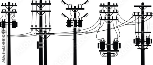 Electrical utility poles with transformers, insulators, crossarms, streetlights, and interconnected overhead power lines, urban and rural electricity distribution infrastructure illustration vector