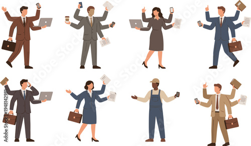 Diverse flat vector illustration of multitasking business people and worker with multiple arms managing various office tasks and tools.
