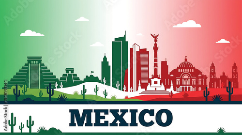 Vibrant Mexico cityscape illustration with iconic landmarks and cacti in green, red, and white colors.