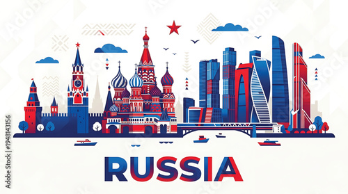 Vibrant illustration of Moscow cityscape with landmarks and Russia text in bold colors