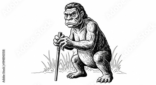 Detailed Illustration of a Crouching Hairy Hominid with Walking Stick.