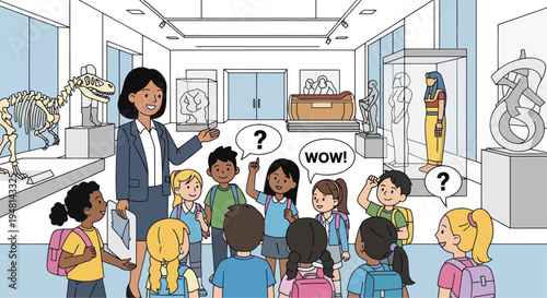 Museum Tour: Teacher Explains Exhibits to Diverse Group of Curious Children