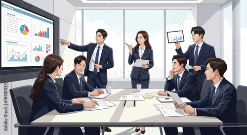 Business Team Meeting: Analyzing Financial Data and Strategy on Screen