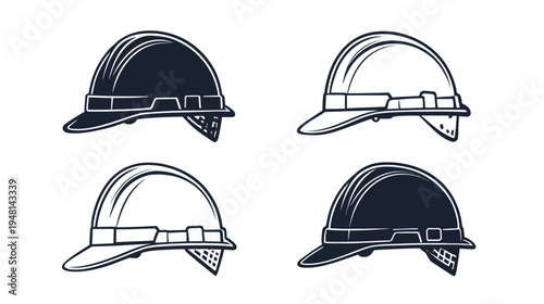 Four black and white illustrations of construction hard hats on a white background