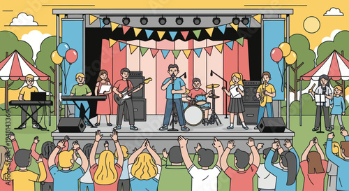 Live Band Performing on Outdoor Stage at Festival with Cheering Crowd
