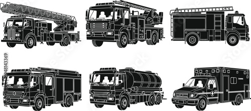 Set of emergency response vehicle silhouettes including fire truck with ladder water tanker engine rescue ambulance and firefighting equipment transport for industrial safety design