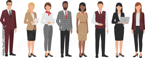 Diverse group of eight business professionals in corporate attire, teamwork, workplace collaboration, leadership, office diversity, productivity, success