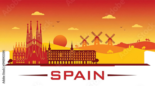 Vibrant Spain travel poster with iconic landmarks at sunset, tourism and culture concept