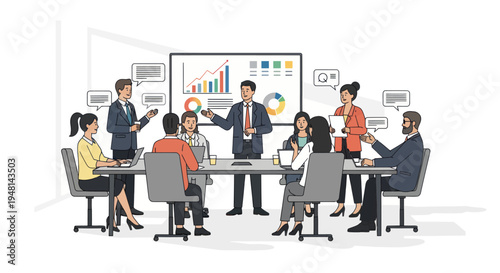 Diverse business team in meeting discussing financial growth chart on screen