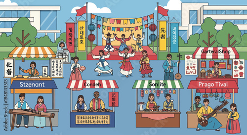 Korean Festival Celebration: Traditional Music, Dance, and Food Stalls