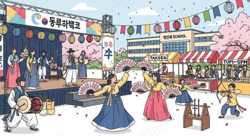 Korean Traditional Festival: Hanbok Dancers, Archery, and Food Stalls