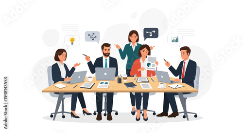 Diverse business team collaborating at a modern conference table, brainstorming ideas, planning strategy.