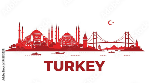 Vibrant red silhouette of Turkey cityscape with mosques, bridges, and boats, symbolizing travel and culture.