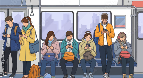 People using smartphones on a crowded commuter train, commuting lifestyle illustration
