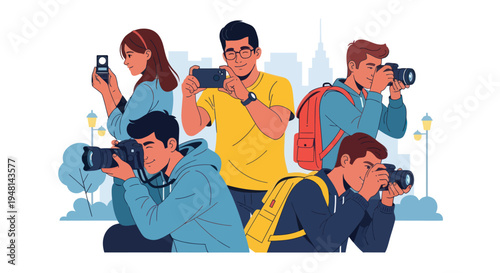 Diverse photographers capturing moments with cameras and phones in urban setting