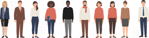 Diverse group of office professionals in business attire, workplace diversity, corporate fashion, teamwork, collaboration, leadership, career success"