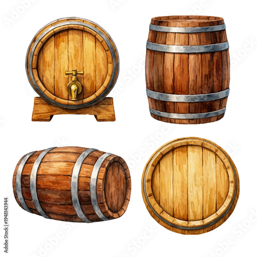 A watercolor set of traditional wooden barrels for winery designs, rustic storage illustrations, brewery themes, and vintage wooden container artwork.