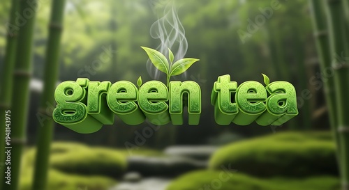 Green tea wording in a serene bamboo forest setting.