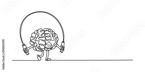 Continuous line drawing of a brain character exercising with a skipping rope for mental health
