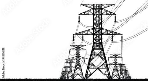 High voltage transmission towers, electricity pylons across grassy landscape, power lines infrastructure, 
