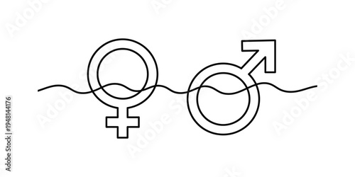 Minimalist line art illustration of male and female gender symbols joined by a continuous wavy line.