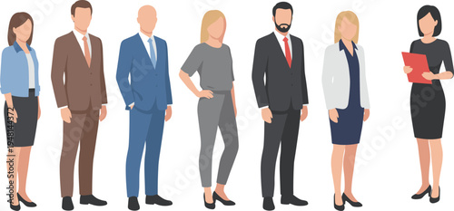 Group of diverse business professionals in office attire, teamwork, corporate fashion, workplace diversity, collaboration, leadership, career success