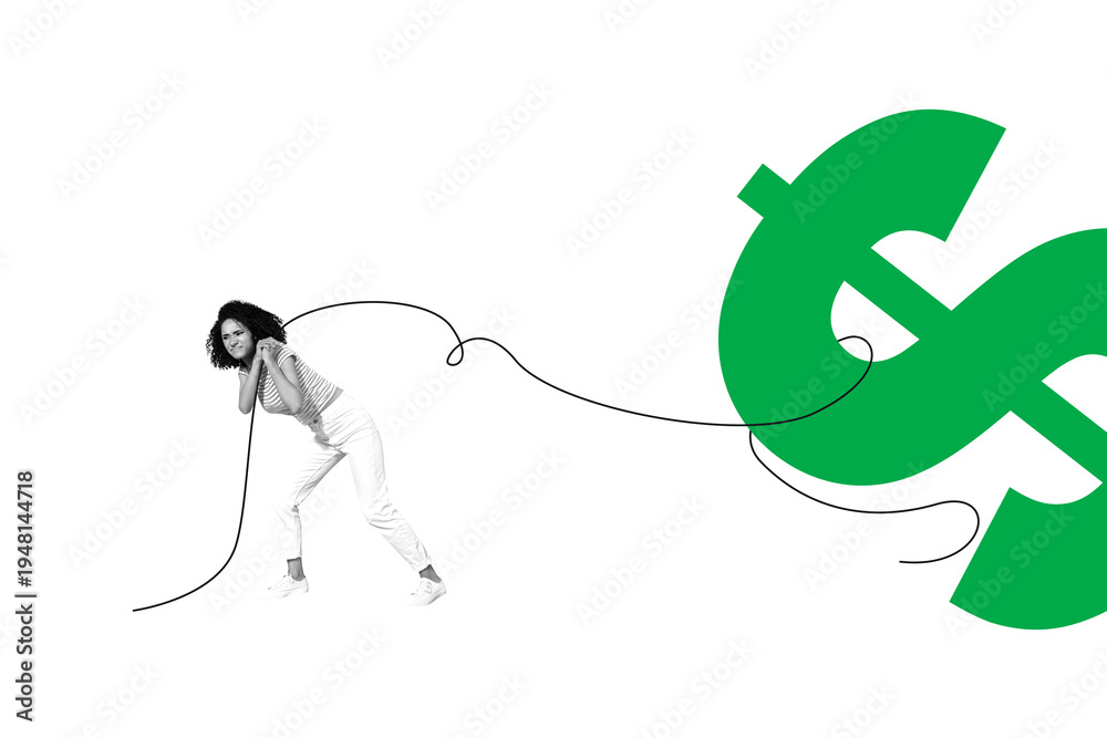 Obraz premium Composite art 3d creative image collage of puzzled american girl carry dollar currency sign burden income bankruptcy crisis