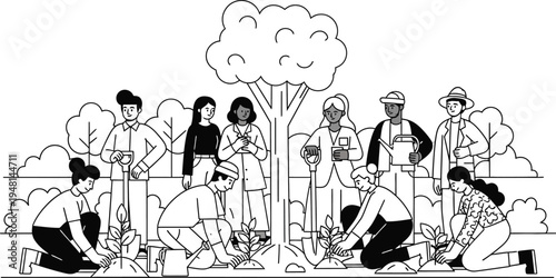 people planting trees and flowers together