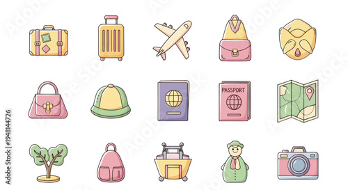 Travel icons luggage plane map