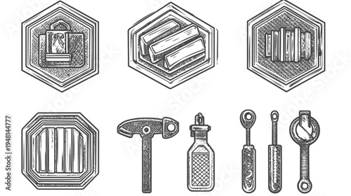 Seven hand-drawn illustrated objects, including shapes and tools, with a textured, vintage, and engraved appearance