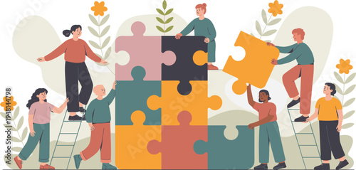 Teamwork, concept, with, diverse, people, connecting, puzzle, pieces, in, garden, for, business, collaboration, partnership, problem, solving, creative, success, and, growth.
