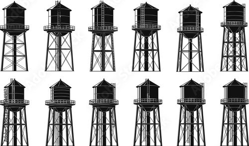 Industrial water tower silhouettes collection, elevated tank structures, architectural engineering