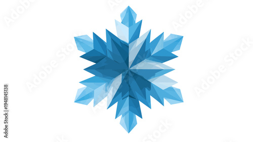 A symmetrical, geometric design of a snowflake with multi-layered blue and white polygonal shapes