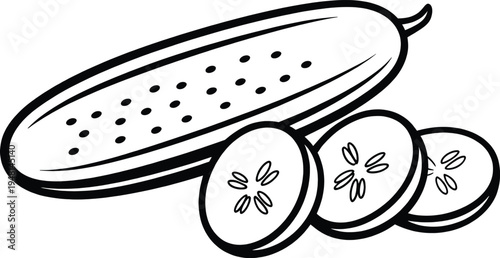 A single cucumber is shown whole next to four round slices illustrating the inner seeds and texture, perfect for healthy eating promotion.