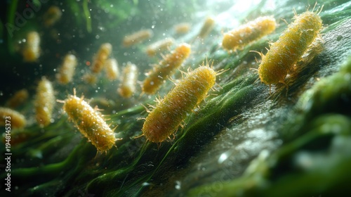 Microbial life thrives in a vibrant underwater ecosystem rich with color and movement