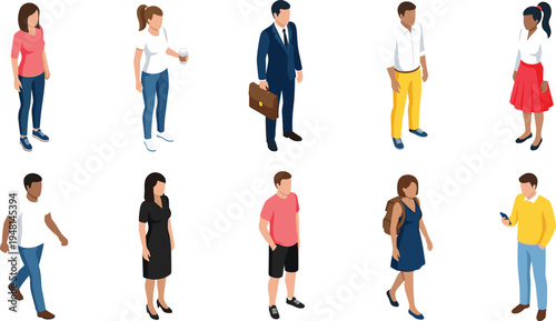 Isometric vector set of diverse people characters in casual and professional clothing standing and walking for architectural visualization and design.