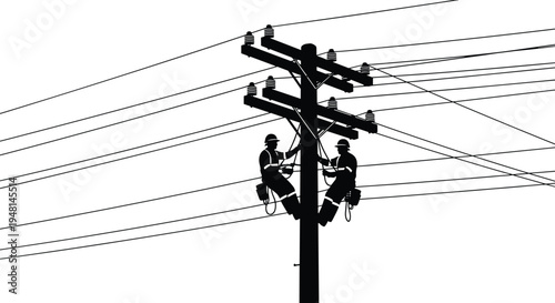 Silhouette illustration of utility workers on power pole, electrical line technicians maintaining infrastructure, safety gear helmets harnesses, black and white vector art