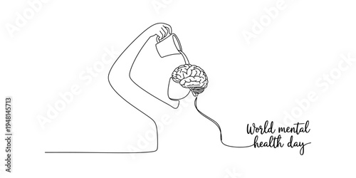 Continuous line drawing of a person pouring water onto a brain for world mental health day.