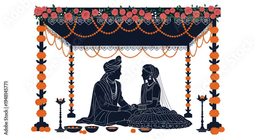 Indian bride and groom sitting under wedding canopy traditional ceremony