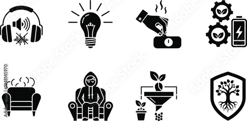 Set of Sustainable Lifestyle and Green Technology Icons for Eco-Friendly Business, Renewable Energy Investment, Green Data Filtering, and Environmental CSR Vector Illustrations