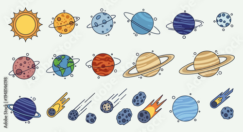 Planets and celestial bodies in solar system.