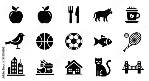 A diverse collection of black silhouette icons representing food, animals, sports, and buildings.