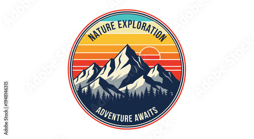 A retro-style circular badge logo featuring majestic mountains, pine trees, and a vibrant sunset, with text "NATURE EXPLORATION" and "ADVENTURE AWAITS".