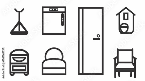 Collection of simplified black line-art icons depicting objects, including appliances and furniture