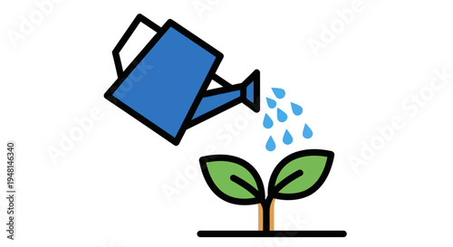 Watering can pouring water on seedling.